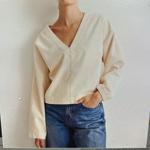Madewell Waffle Knit Corduroy V Neck Top Long Sleeve Antique Cream SZ M